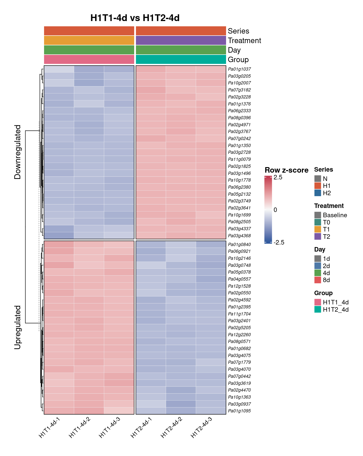 H1T1-4d vs H1T2-4d — top DEG heatmap