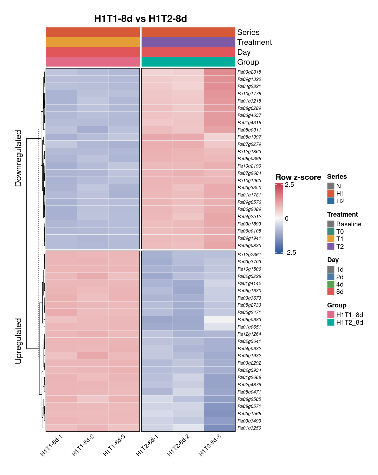 H1T1-8d vs H1T2-8d — top DEG heatmap