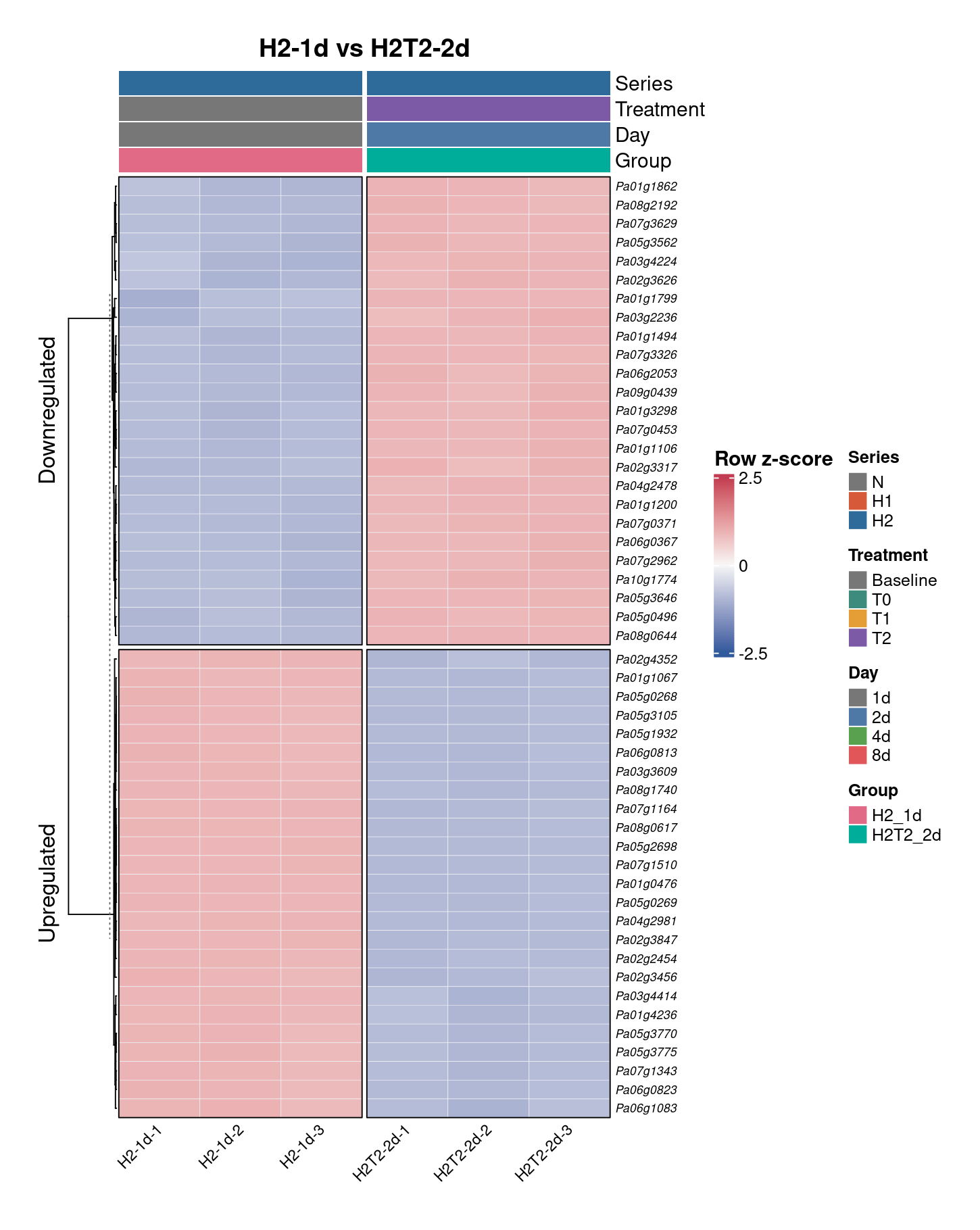 H2-1d vs H2T2-2d — top DEG heatmap