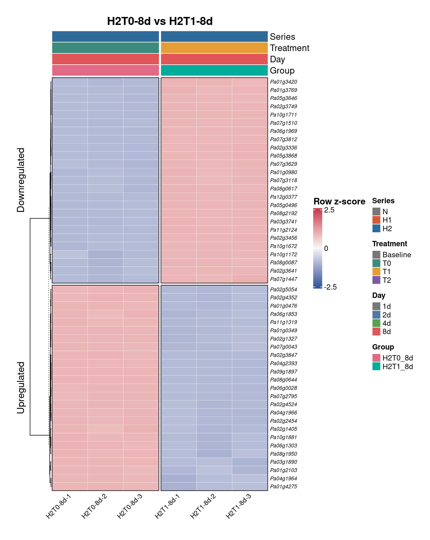 H2T0-8d vs H2T1-8d — top DEG heatmap